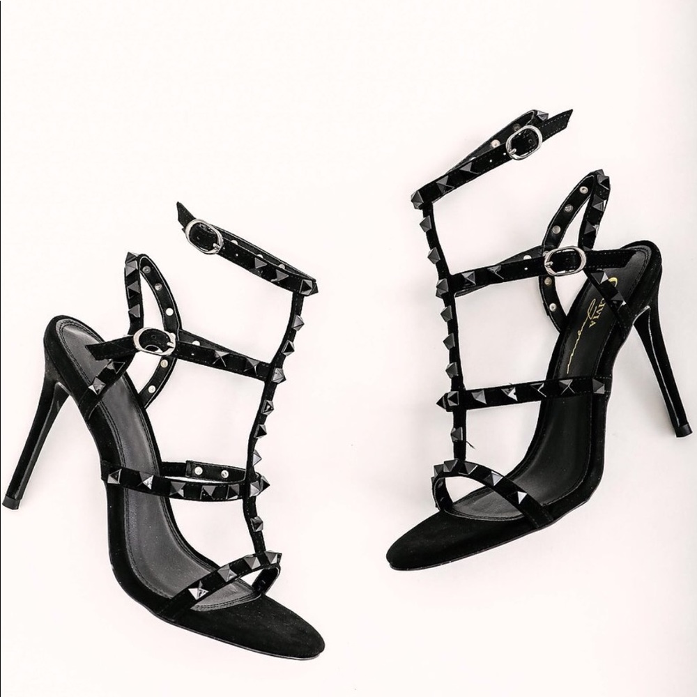 Olivia Black Studded Strappy Heels - Picture 1 of 5